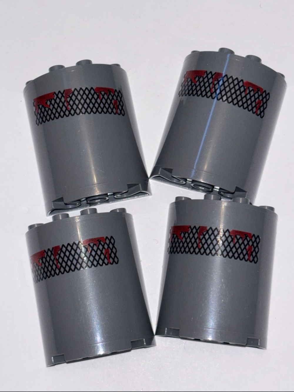 LEGO Dark Bluish Gray Cylinder with Red and Black Mesh Print (4)